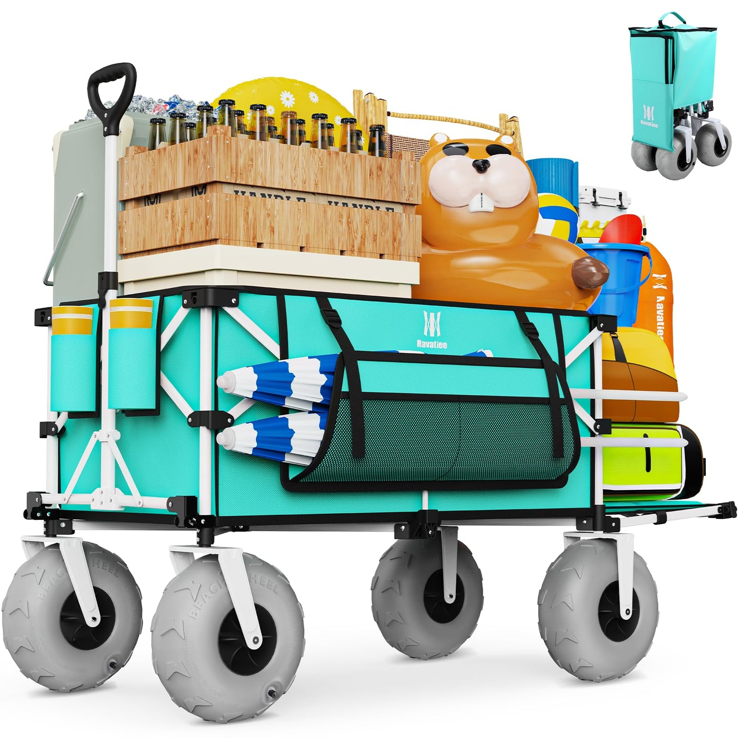 Navatiee 260L Beach Wagon with Extended Tailgate, 440lbs Heavy Duty Beach Cart with 9” Big Balloon Wheels for Sand, Collapsible Folding Wagon with Side Pocket for Outdoor, Light Blue
