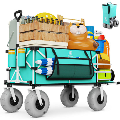 Navatiee 260L Beach Wagon with Extended Tailgate, 440lbs Heavy Duty Beach Cart with 9” Big Balloon Wheels for Sand, Collapsible Folding Wagon with Side Pocket for Outdoor, Light Blue