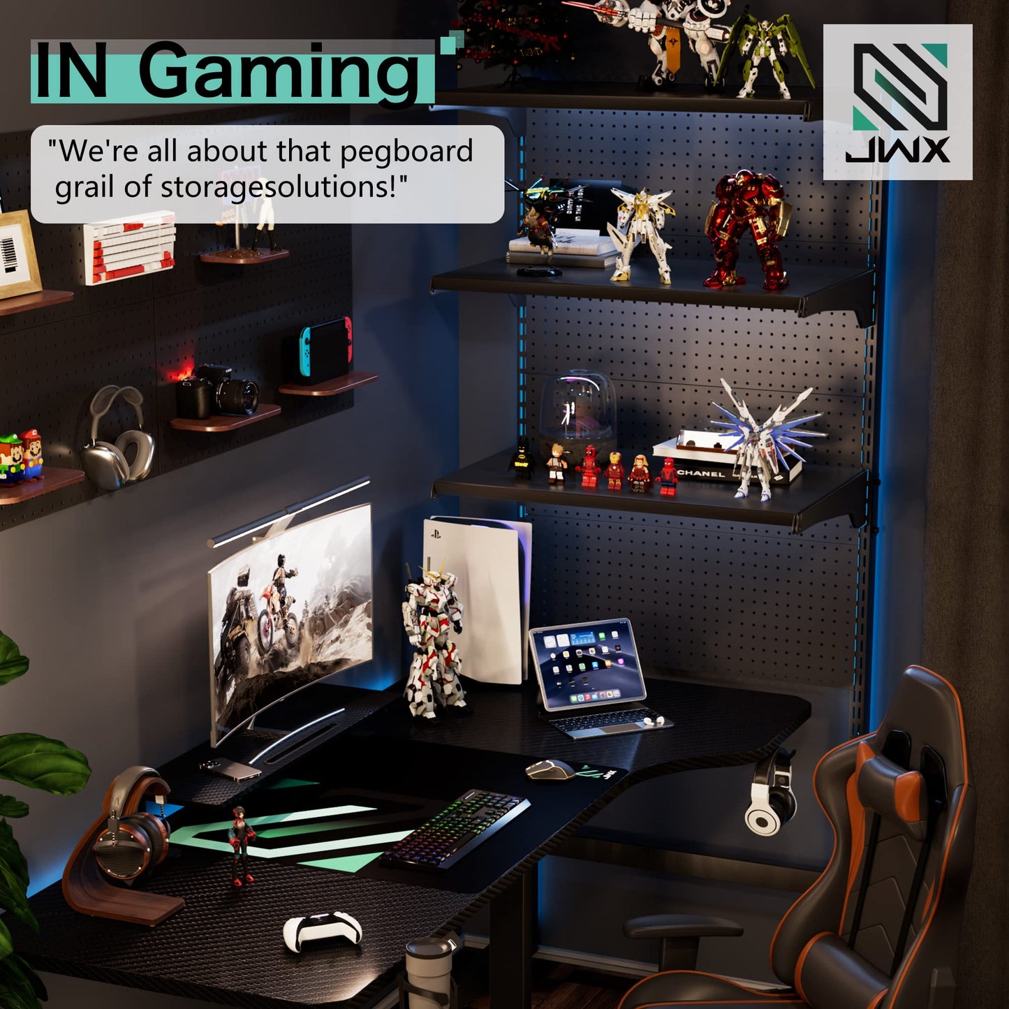JWX DDB Gaming Standing Shelf Units, 30‘’ Free Standing Gaming Shelf Pegboard Cabinet with Home Office Metal Pegboard and 15 Pieces Organizer Tool Holders
