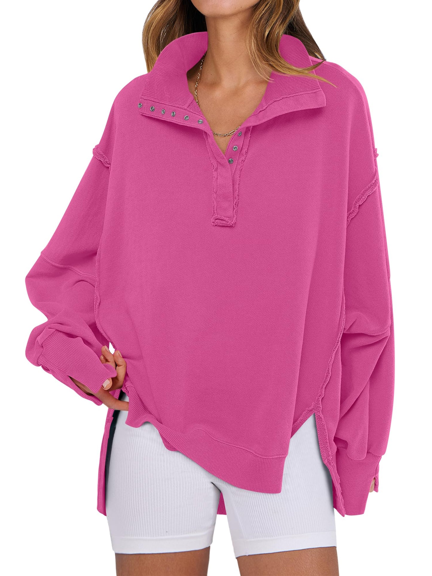 ANRABESS Women's Sweatshirts Oversized Casual Loose Button Up Henley Pullover Top High Low Split 2025 Fall Fashion Outfits