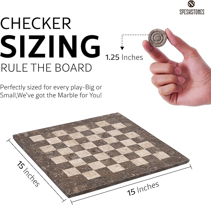 Marble Checkers Set 15 Inches Handmade Oceanic &amp Travertine Checkers Board Game with Checker Pieces - Board Games for Adults Game Table Accessories Gifts &amp Home Décor