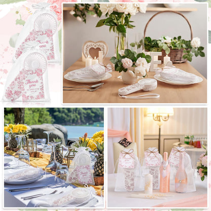60 Set Portable Wedding Fans Bulk for Guests Mini Handheld Chinoiserie Floral Fan with Lanyard and Thank You Gifts Cards Battery Powered Fans Gift for Wedding Favors, Battery Not Include(Pink)