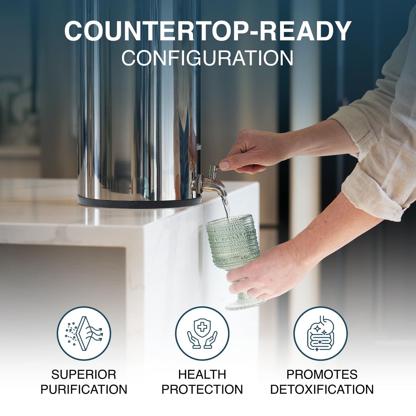 Armour Water Filter System - Stainless Steel Countertop Gravity Water Filter Dispenser with 2 Coldstream FTO Filters for PFAS, Fluoride, Lead, Bacteria - NSF Certified Water Dispenser