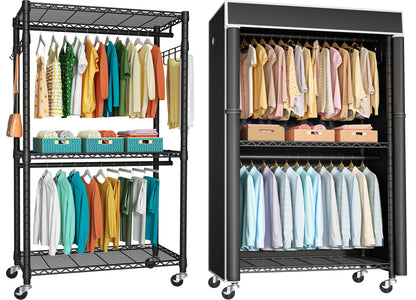 FUTASSI P1 and P1C Black Garment Rack Bundle, Rolling Closet Rack with Wheels, Metal Garment Rack for Hanging Clothes, Clothing Storage Wardrobe, Load 450 Pounds