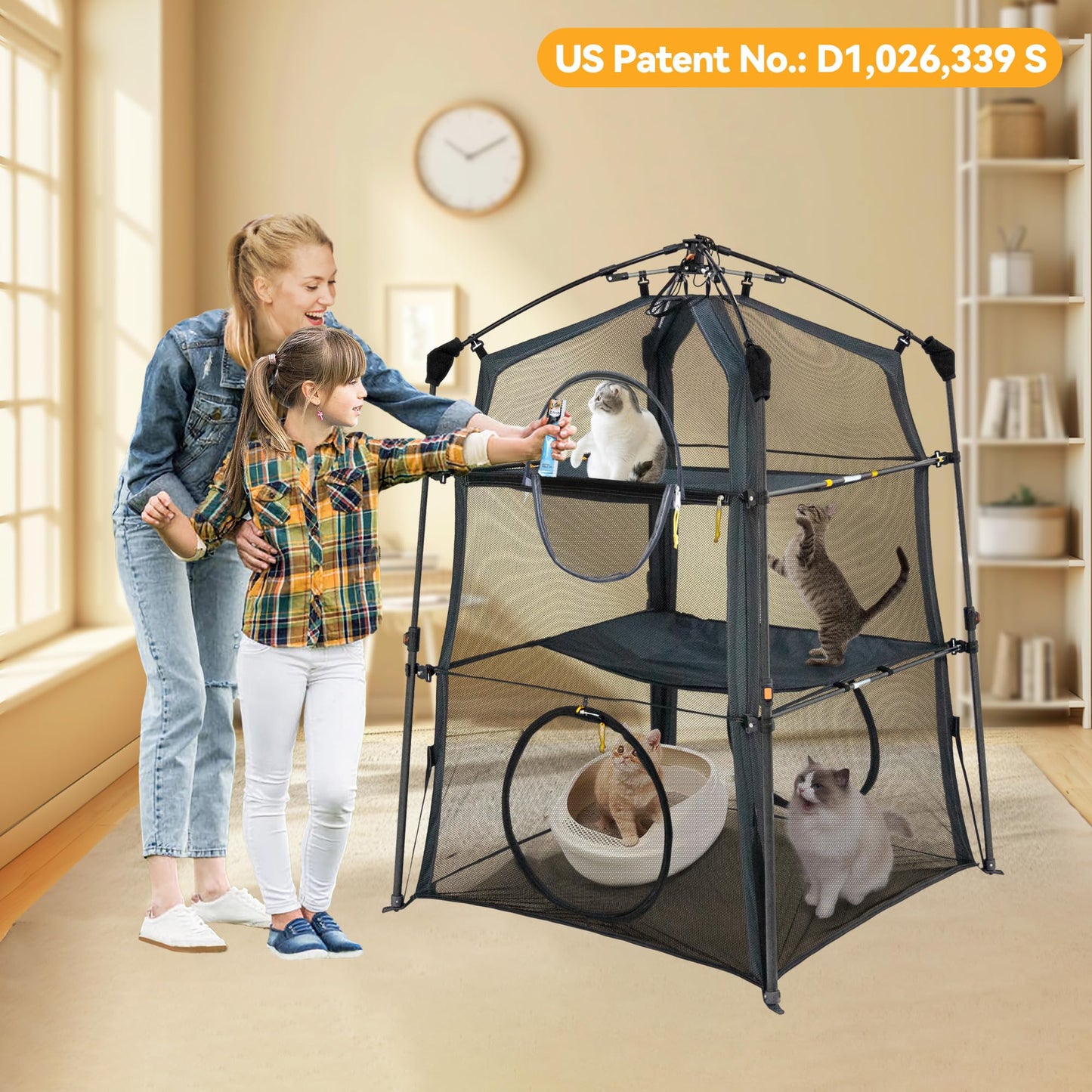 Automatic Pop-Up Cat Enclosure|3-Tier Cat Tent|Cage|Outdoor Catio with Patent,Breathable Portable & Foldable, Stable Structure for Indoor/Outdoor, Free Teaser Wand,Friendly Connectable playpen-Black