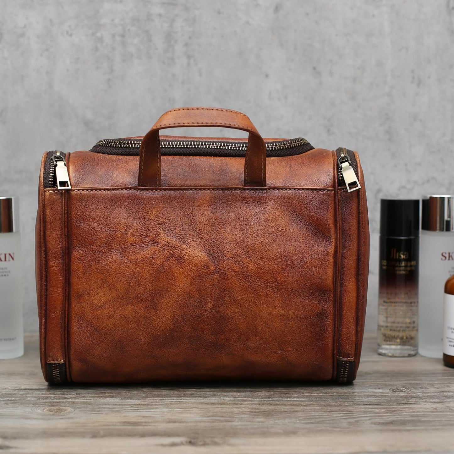 RC ROCKCOW Toiletry Bag For Men, Genuine Leather Toiletries Organizer, Large Travel Hanging Toiletry Bag Water-resistant Bathroom Shaving Kit for Cosmetics, Makeup Case Travel Dopp Kit
