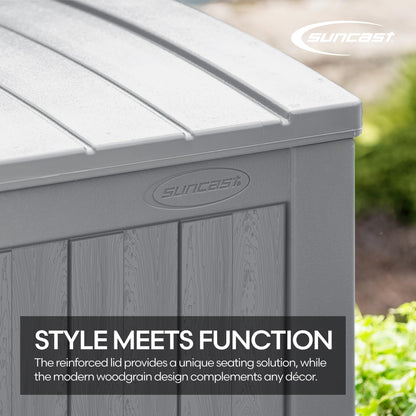 Suncast 134-Gal. Resin Extra-Large Outdoor Patio Deck Box with Pad-Lockable Lid, Modern Outdoor Patio Bench/Storage Box for Cushions, Garden Tools, and More, Dove Gray