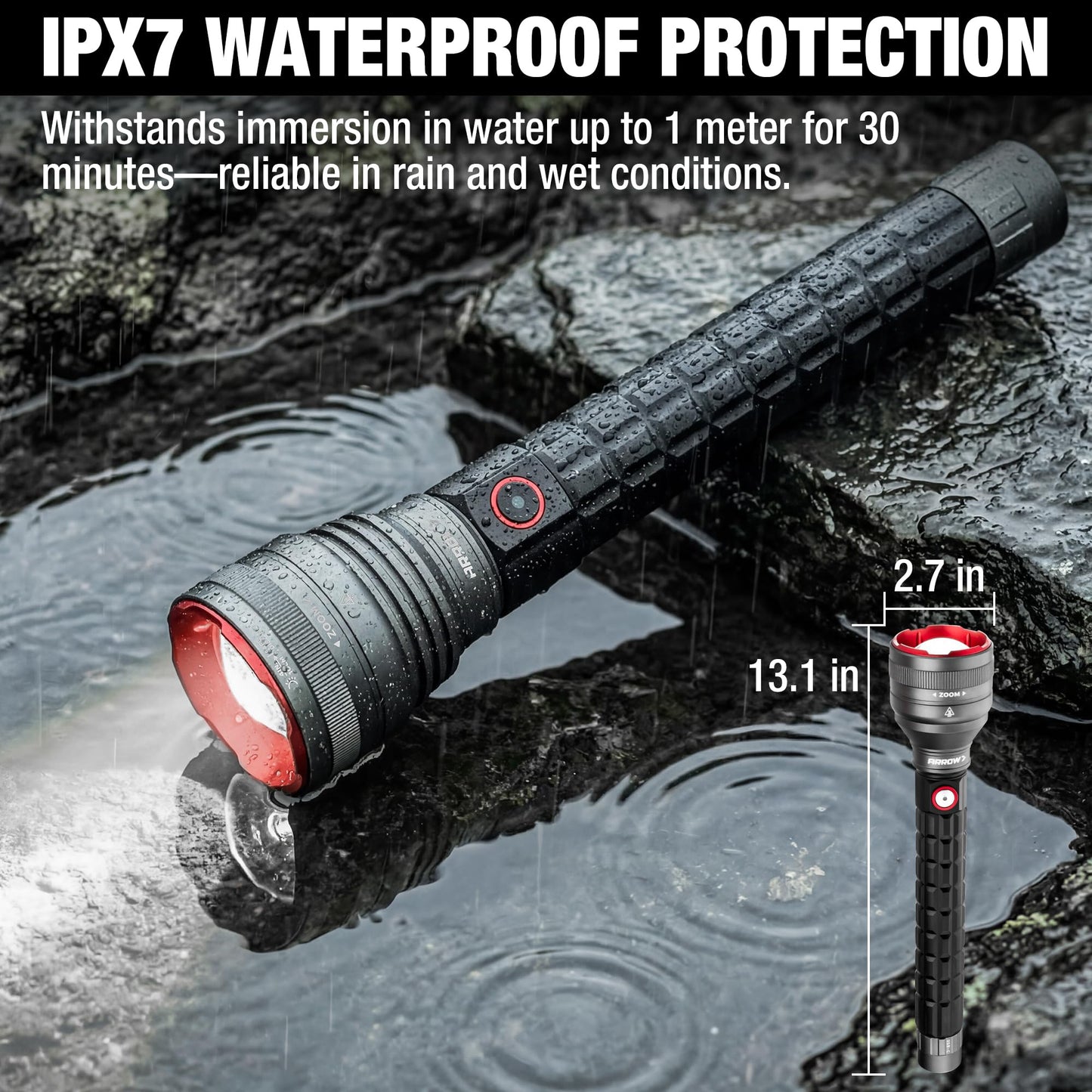 Arrow Rechargeable Flashlights 12000 Lumens, 6 Modes Bright LED Flashlight with Memory Function, IPX7 Waterproof, Zoomable Flash Light with Dual Power Design, USB-C Input Output for Outdoor Emergency