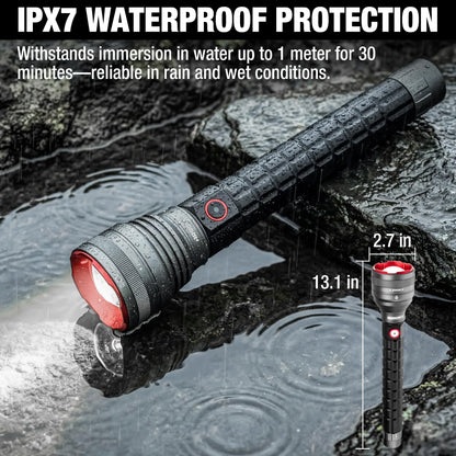 Arrow Rechargeable Flashlights 12000 Lumens, 6 Modes Bright LED Flashlight with Memory Function, IPX7 Waterproof, Zoomable Flash Light with Dual Power Design, USB-C Input Output for Outdoor Emergency