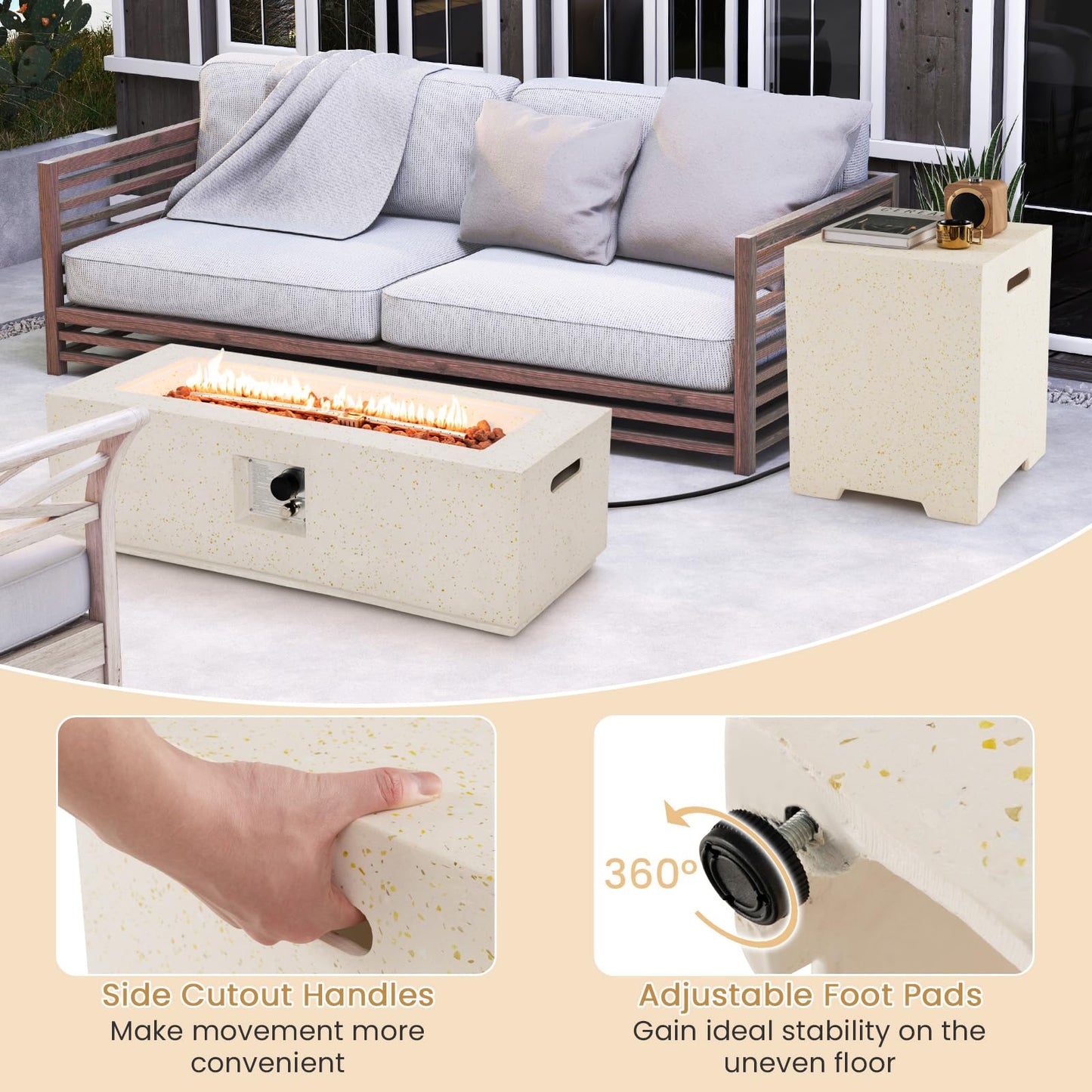 Tangkula 50,000 BTU Propane Fire Pit Table Set, 42” Terrazzo Fire Pit Table with Hideaway Tank Holder, Stainless Steel Burner, Protective Cover, Lava Rocks, Fit 20 lbs Tank
