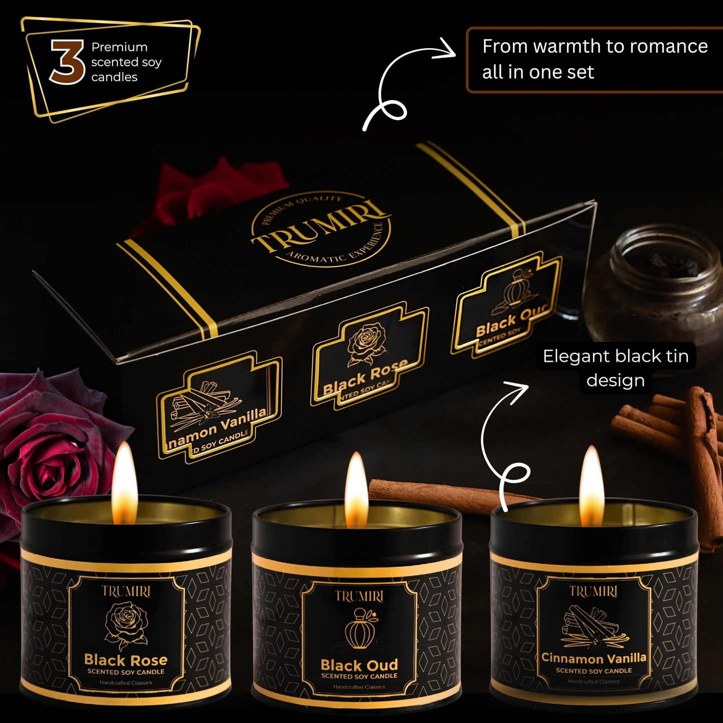 Candle Gift Set of 3 Black Oud|Cinnamon Vanilla|Black Rose Strong Scented Soy Candels Clean Non Toxic Velas Aromáticas Favors for Women Coworkers Friends Guests Also for Diwali Christmas Holidays