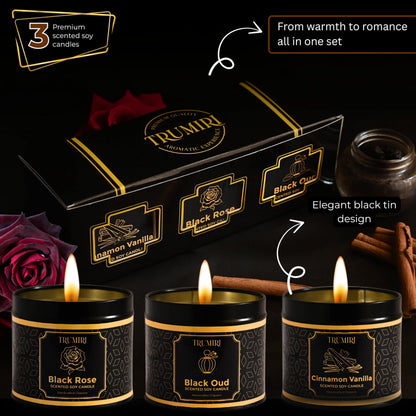 Candle Gift Set of 3 Black Oud|Cinnamon Vanilla|Black Rose Strong Scented Soy Candels Clean Non Toxic Velas Aromáticas Favors for Women Coworkers Friends Guests Also for Diwali Christmas Holidays