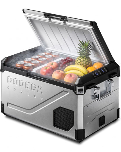 BODEGA Portable 12V Car Refrigerator, 47QT Stainless Steel Fridge with Removable Divider for Dual Zone MAX/ECO Modes & Battery Protection, Electric Cooler for RV, Truck, Camping