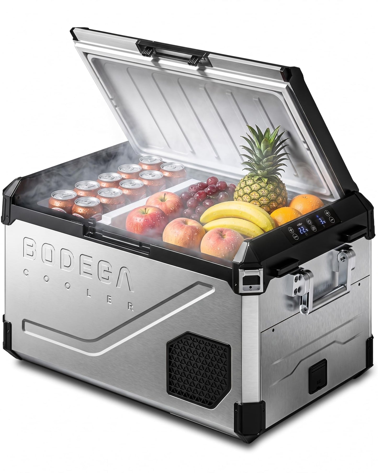 BODEGA Portable 12V Car Refrigerator, 47QT Stainless Steel Fridge with Removable Divider for Dual Zone MAX/ECO Modes & Battery Protection, Electric Cooler for RV, Truck, Camping