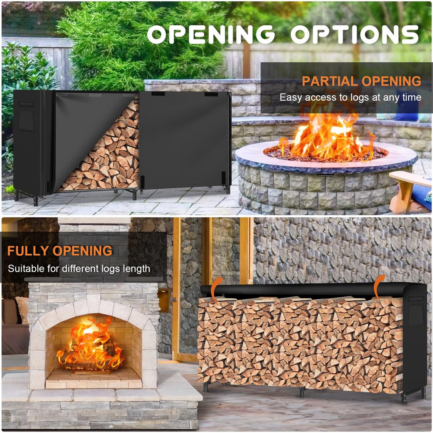 Gtongoko Fireplace Tools Set 4 Pcs 30 Inch Black Wrought Iron Bundle 8ft Firewood Rack Outdoor with Cover