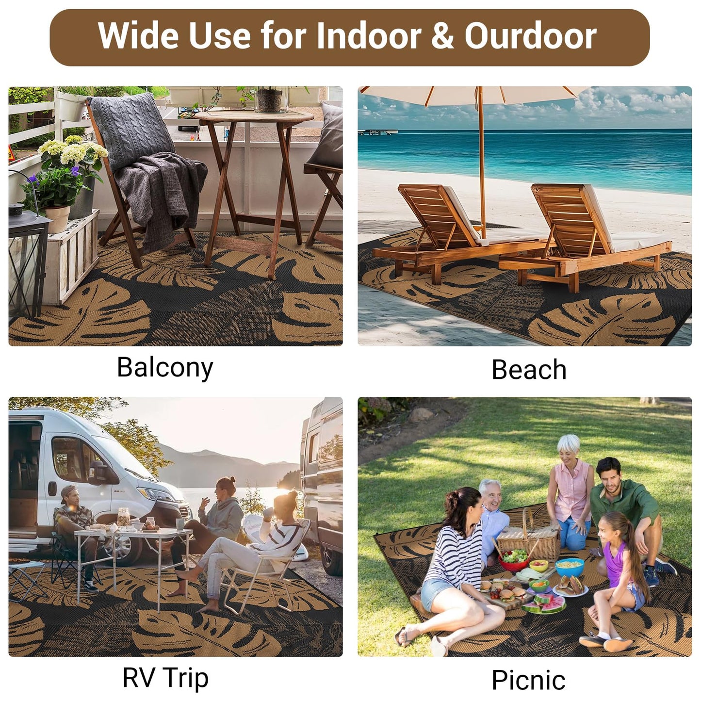 GarveeHome Outdoor Patio Rug 9x18 Waterproof Reversible Mat Leaves Camping Rugs Indoor Outdoor Rugs Carpet Large Area Rug Plastic Straw Rug for Patio Deck Balcony Pool RV Camping, Black and Brown