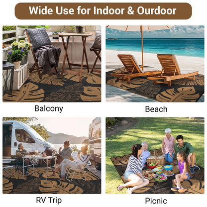GarveeHome Outdoor Patio Rug 9x18 Waterproof Reversible Mat Leaves Camping Rugs Indoor Outdoor Rugs Carpet Large Area Rug Plastic Straw Rug for Patio Deck Balcony Pool RV Camping, Black and Brown
