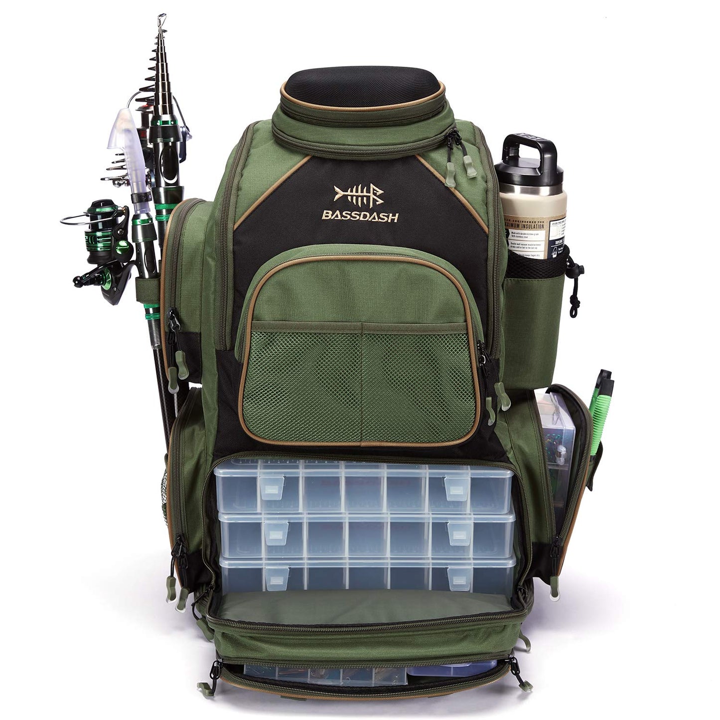 BASSDASH Fishing Tackle Backpack Water Resistant Tactical Bag Soft Tackle Box with Rod Holder and Protective Rain Cover