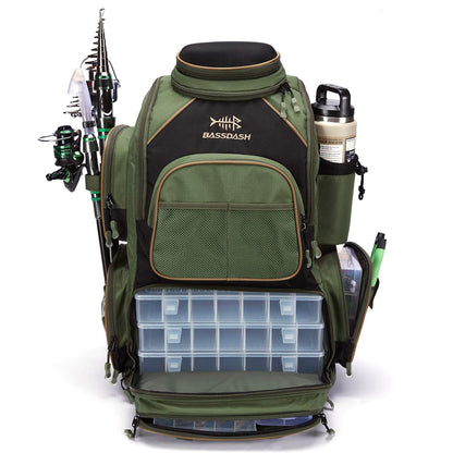 BASSDASH Fishing Tackle Backpack Water Resistant Tactical Bag Soft Tackle Box with Rod Holder and Protective Rain Cover