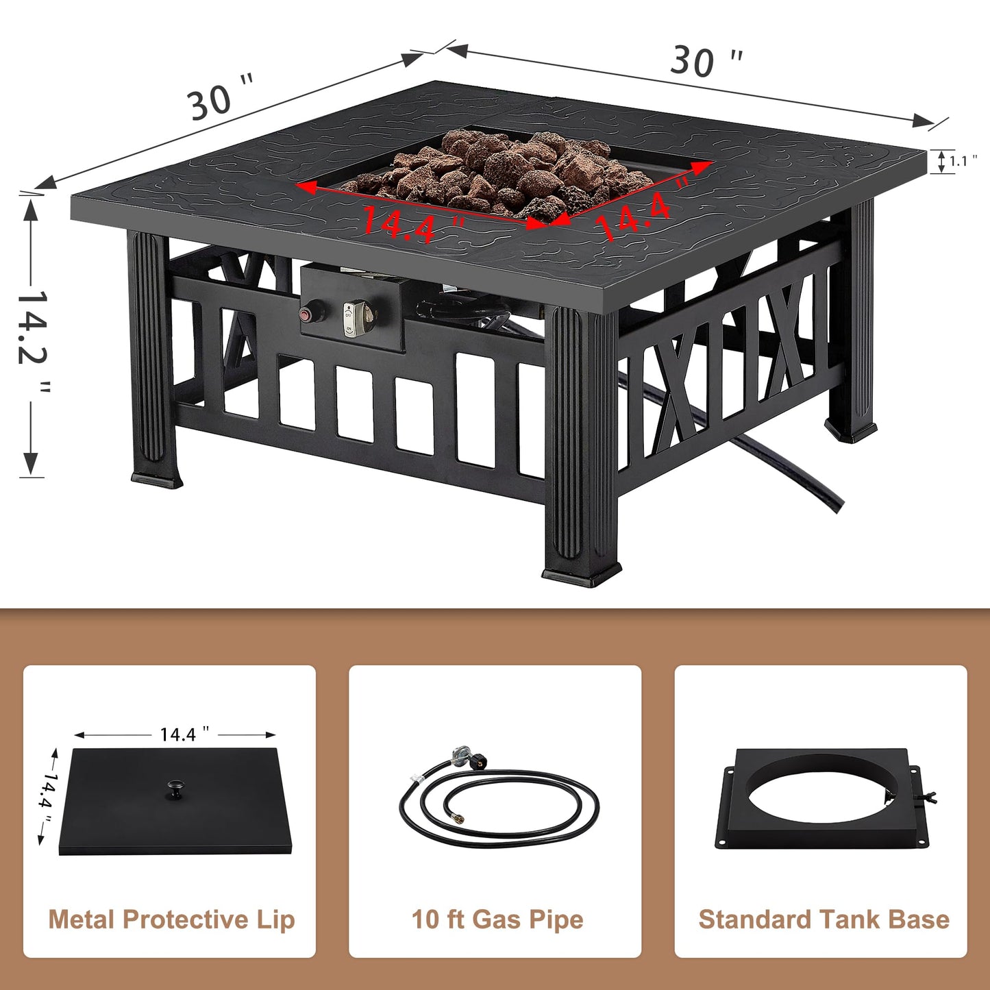 VECELO Propane Fire Pit, 30 Inch Outdoor Gas Fire Table, 50,000 BTU Square Firepit with Lid and Lava Rock, Adjustable Flame Steel Fire Table for Outdoor, Patio, Backyard, Party, Black
