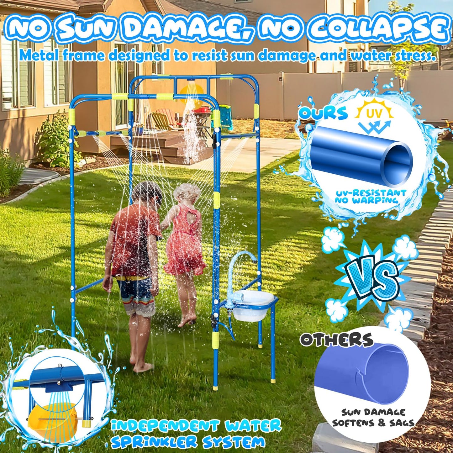 THISWUW Backyard Waterpark for Kids, Heavy-Duty Steel Water Park Sprinkler Toy Game with Splash Buckets, Collapsible Wash Basin & Water Faucets, Water Play Activities Outdoor Summer Toys