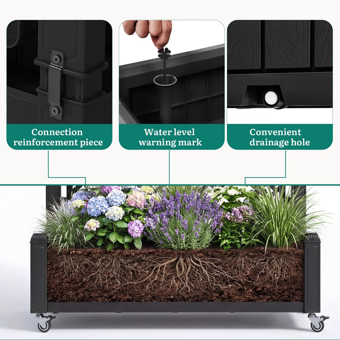 YITAHOME 42.5x14.2x61 in Planter Box with Trellis, All-Weather Raised Garden Bed with Wheels & Drain Plug, Outdoor Privacy Screen for Climbing Plants Flowers Herbs, Black