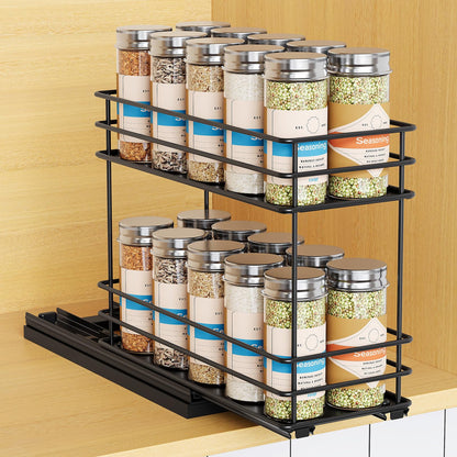Pull Out Spice Rack Organizer for Cabinet, Slide Out Spice Racks, Easy to Install, 2.1''Wx10.35''Dx8.26''H, 3 Drawers 2 Tiers(Black)