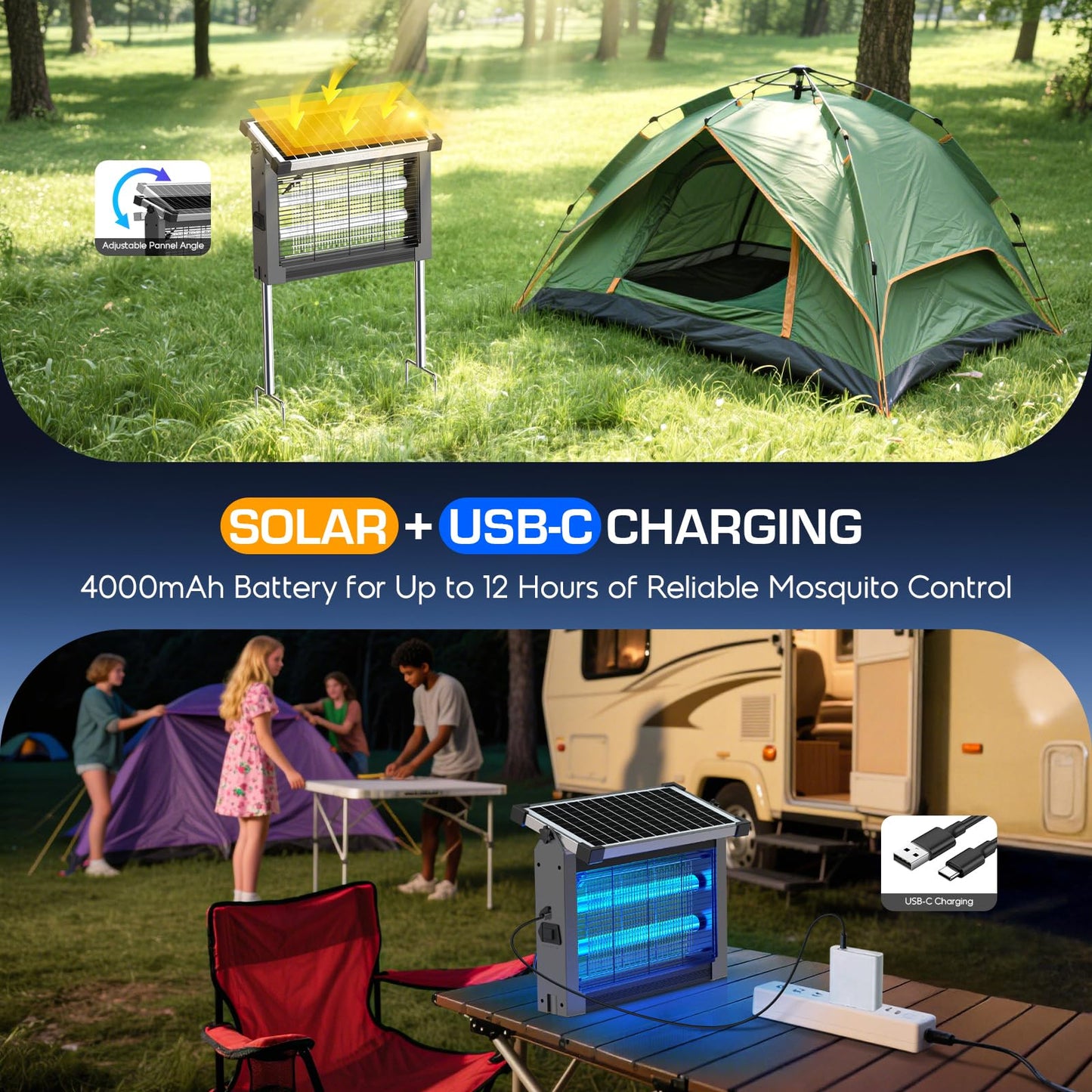 Solar Bug Zapper Outdoor Waterproof, 4500V High Power Cordless Mosquito Zapper with Smart Light Sensor, Dual Solar & USB Rechargeable Insect Killer for Patio, Garden, Backyard, Indoor & Outdoor Use