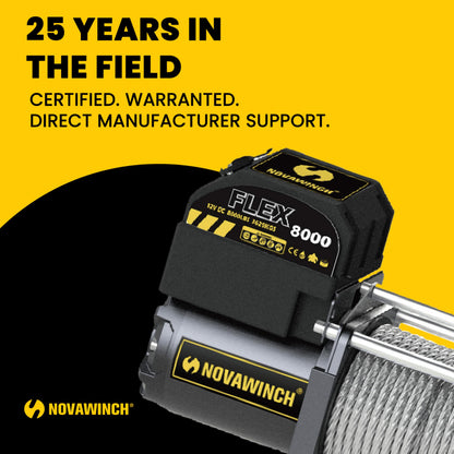 Novawinch Flex 8000 lb Utility Trailer Winch 12V Electric - IP68 Sealed Planetary Gearbox, 55.7 ft Wire Rope, Auto Load-Holding Brake, Waterproof Remote - Flatbed, Shop, Equipment, Car Hauler, SAE