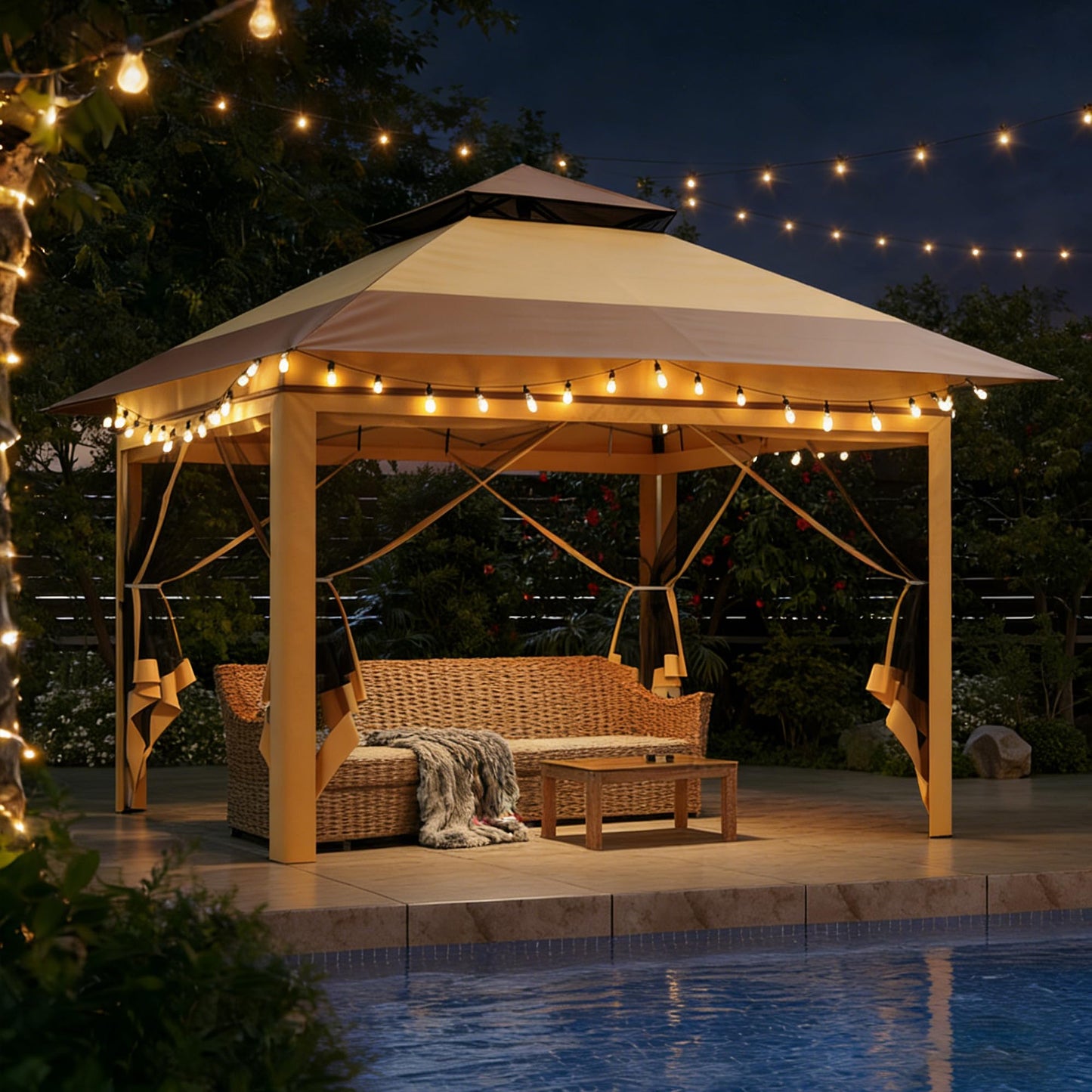 Driftalia 13x13 Pop Up Gazebo, Instant Outdoor Gazebo with Mosquito Netting, Vented Roof and Carry Bag for Patio, Garden & Backyard - Beige & Coffee