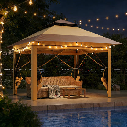 Driftalia 13x13 Pop Up Gazebo, Instant Outdoor Gazebo with Mosquito Netting, Vented Roof and Carry Bag for Patio, Garden & Backyard - Beige & Coffee