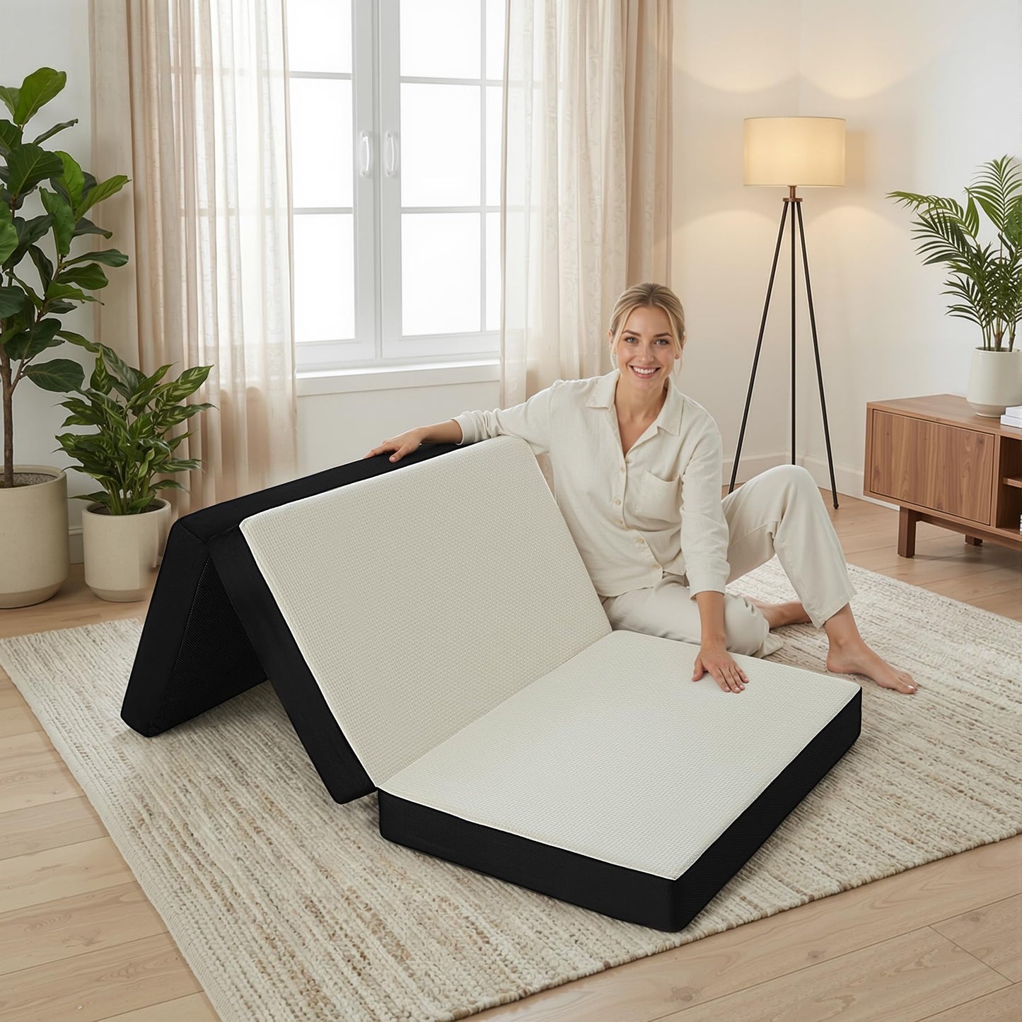 FurryWee Foldable Mattress Queen, Memory Foam Tri Fold Mattress with Removable Washable Cover, 4 inch Folding Floor Mattresses Sleeping Pad for Guest, RV, Travel, Camping, White, 78"x58"x4"