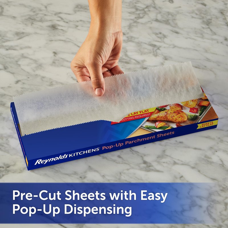Reynolds Kitchens Pop-Up Parchment Paper Sheets, 30 Count, Fits Standard Baking Pans and Cookie Sheets, Non-Curling, Non-Stick, Pre-Cut, Oven-Safe Up to 425F, 10.75 in x 13.75 in
