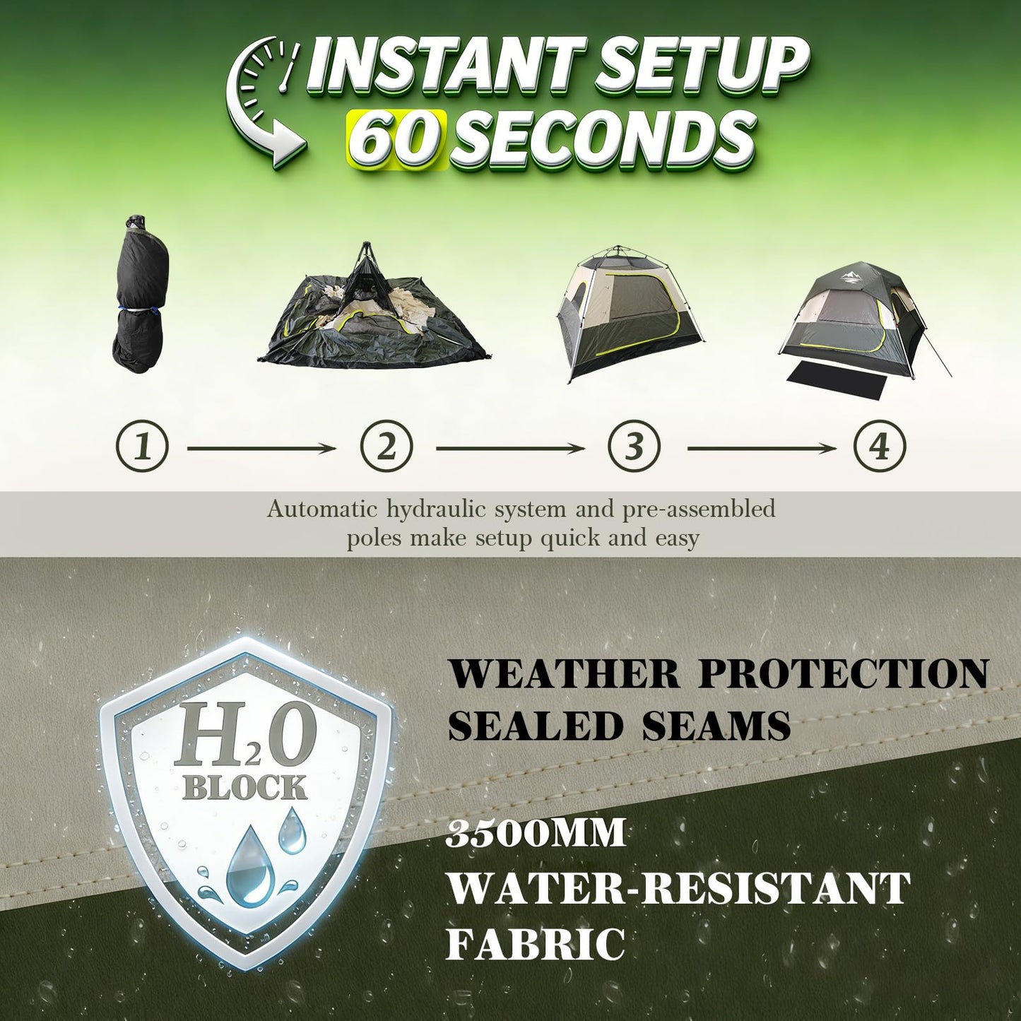 4 Person Instant Camping Tent - Waterproof Pop Up Tents for Camping with Rainfly, Large Family Tent with Pre-Attached Poles, 60S Easy Setup, Upgraded Ventilation with Welcome Mat