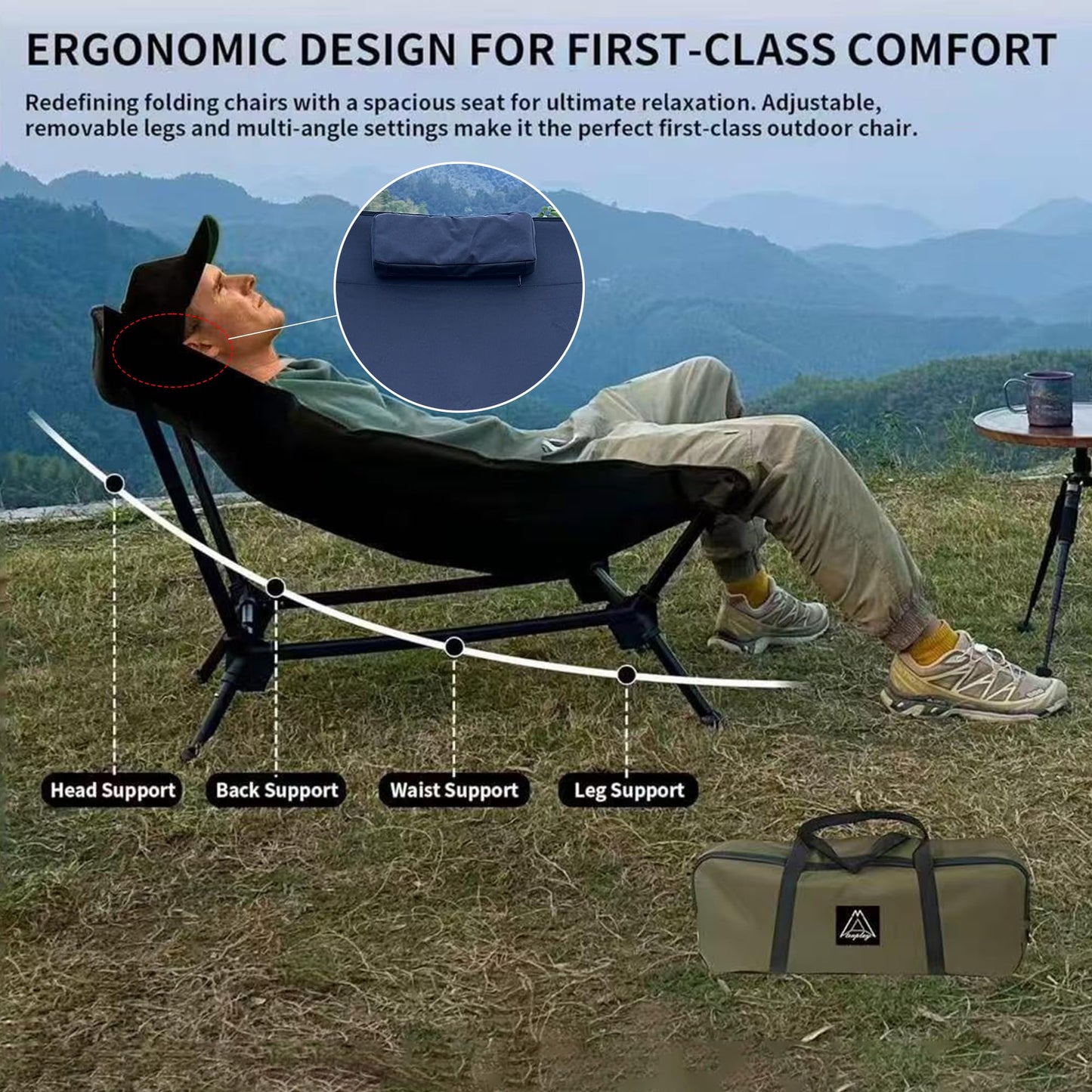 Reclining Chair, Lightweight Folding Camping Chair with Pillow, Backpacking with Carry Bag, 5-Way, Adjustable Height Chairs for Adults Heavy Duty 330lbs for Hiking, Fishing, Mountaineering Black