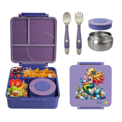 CANAIMA Bento Box for Kids with Thermos -1600ml Leak Proof Lunch Box - Amazing Designs - Microwave-Safe, BPA-Free, Easy to Clean Bento Lunch Box for Kids & Adults - School & Office (Purple Mermaid)