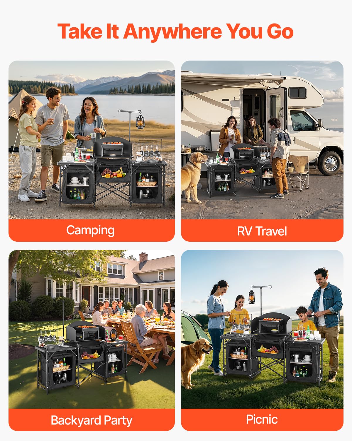 VEVOR Camping Kitchen Table, Outdoor Camp Cooking Table, Aluminum Portable Cook Station with 3 Storage Cupboard, Carrying Bag, Detachable Windscreen, Quick Set-up for BBQ Party Picnic RV Travel, Black