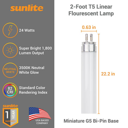 Sunlite F24T5/835/HO T5 Linear Fluorescent Lamp 24W 1800 Lumens 3500K Neutral White Miniature G5 Bi-Pin Base 40