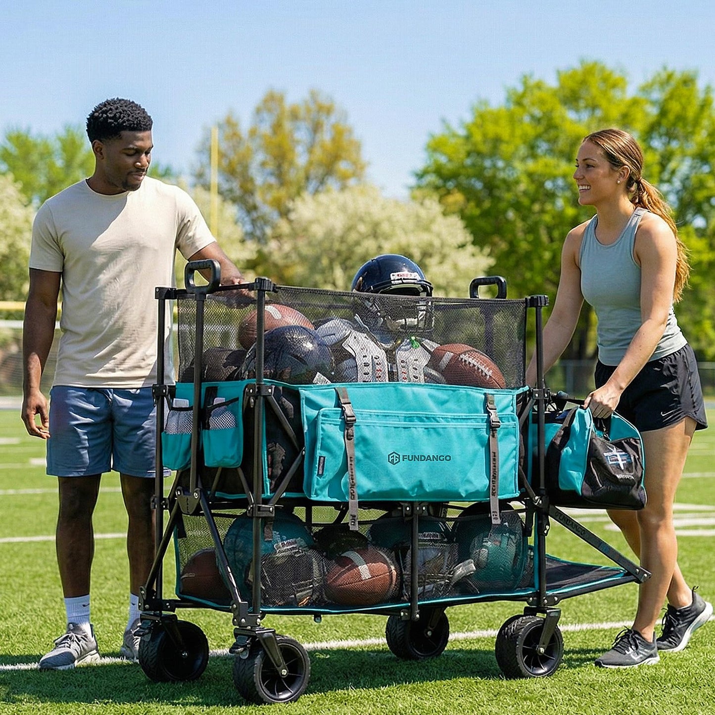 FUNDANGO Double Decker Wagon with High Extender & Tailgate, 660L XXL Foldable Collapsible Double Wagons, Heavy Duty Grocery Cart with All-Terrain Wheels for Camping, Baseball/Softball Gear, Home