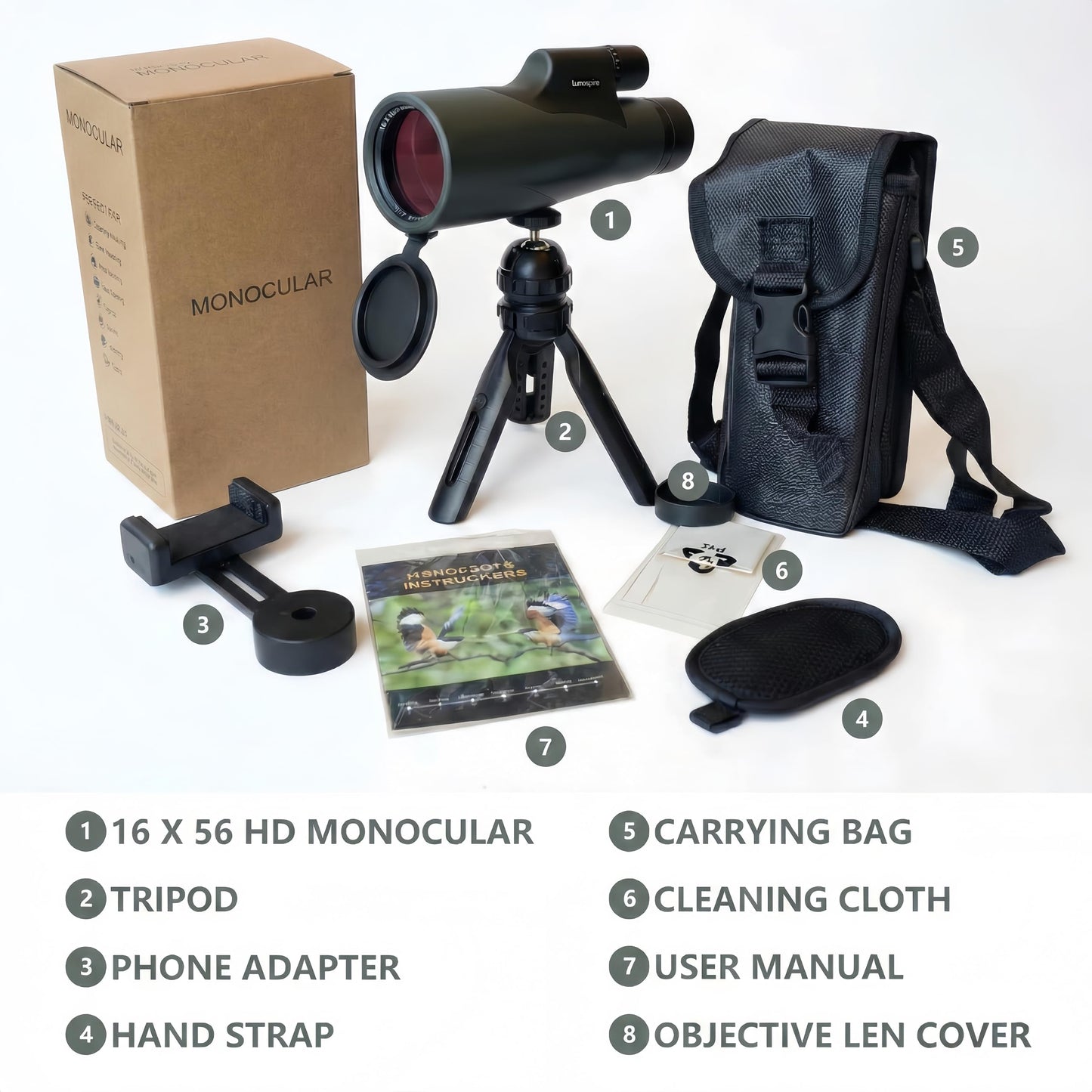 16x56 High Powered Monoculars for Adults – HD BAK4 FMC Long-Range Monocular Telescope, IPX7 Waterproof with Smartphone Adapter & Tripod for Bird Watching, Hunting, Hiking & Camping, Gift Set