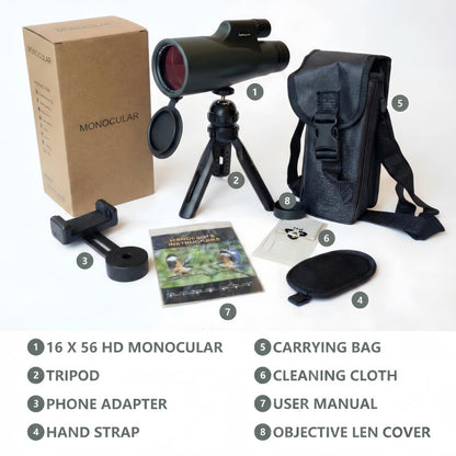 16x56 High Powered Monoculars for Adults – HD BAK4 FMC Long-Range Monocular Telescope, IPX7 Waterproof with Smartphone Adapter & Tripod for Bird Watching, Hunting, Hiking & Camping, Gift Set