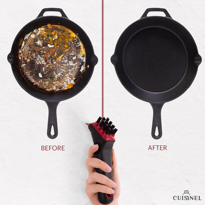 Cuisinel Cast Iron Cookware Set + Accessories - Skillets with Glass Lids + Pizza Pan + Pan Organizer Rack + Cleaning Scrub Brush