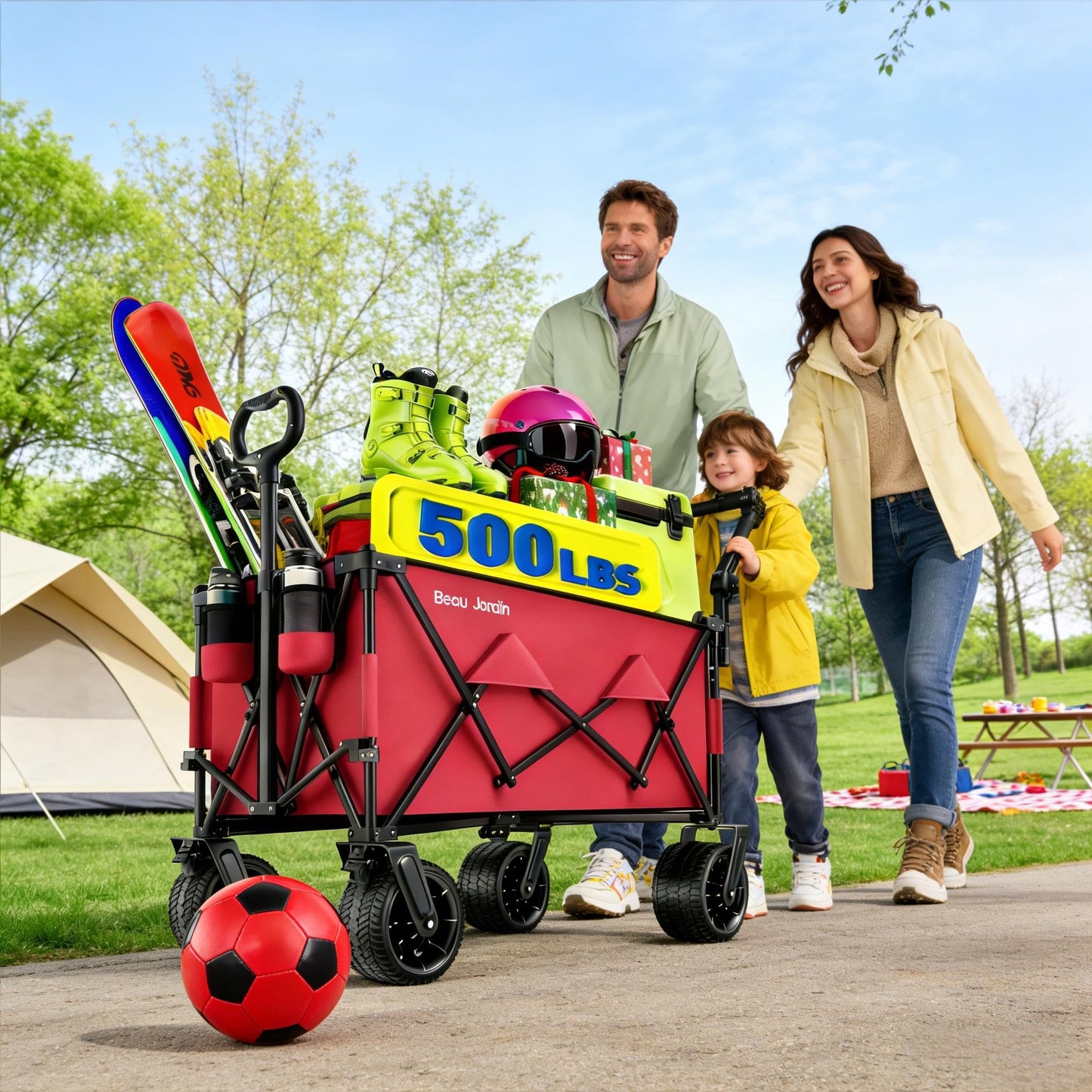 BEAU JARDIN Folding Push & Pull Beach Wagon 500 lbs Collapsible Foldable Wagons with Push Handle All Terrain Wheels Grocery Utility Camping Skiing Ice Fishing Sports Garden Wagon Cart Red