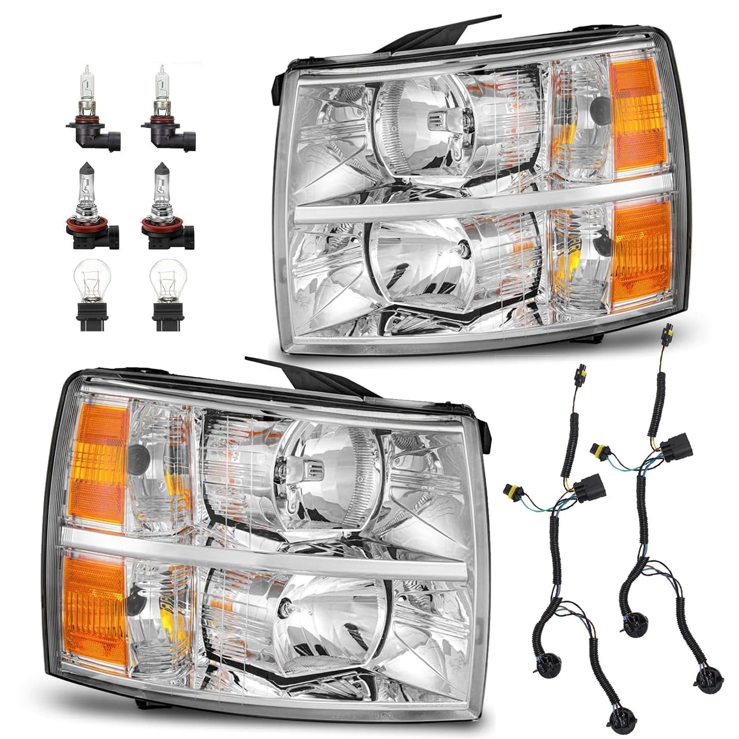Pair of Chrome Housing Headlights Compatible with 07-13 Silverado 1500/07-14 Silverado 2500 3500 & HD Halogen Head Lights, OE-Style Headlamp Replaces GM2502280 GM2503280, with Bulb & Wiring Harness