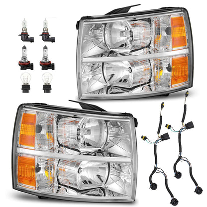 Pair of Chrome Housing Headlights Compatible with 07-13 Silverado 1500/07-14 Silverado 2500 3500 & HD Halogen Head Lights, OE-Style Headlamp Replaces GM2502280 GM2503280, with Bulb & Wiring Harness