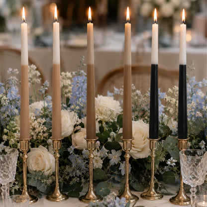 10 Inch Taper Candles Set of 6, Bluebell Scent Handmade Brown Beige Black Color Block Tapered Candles, Candle Stick Dinner Candles for Wedding Candlesticks