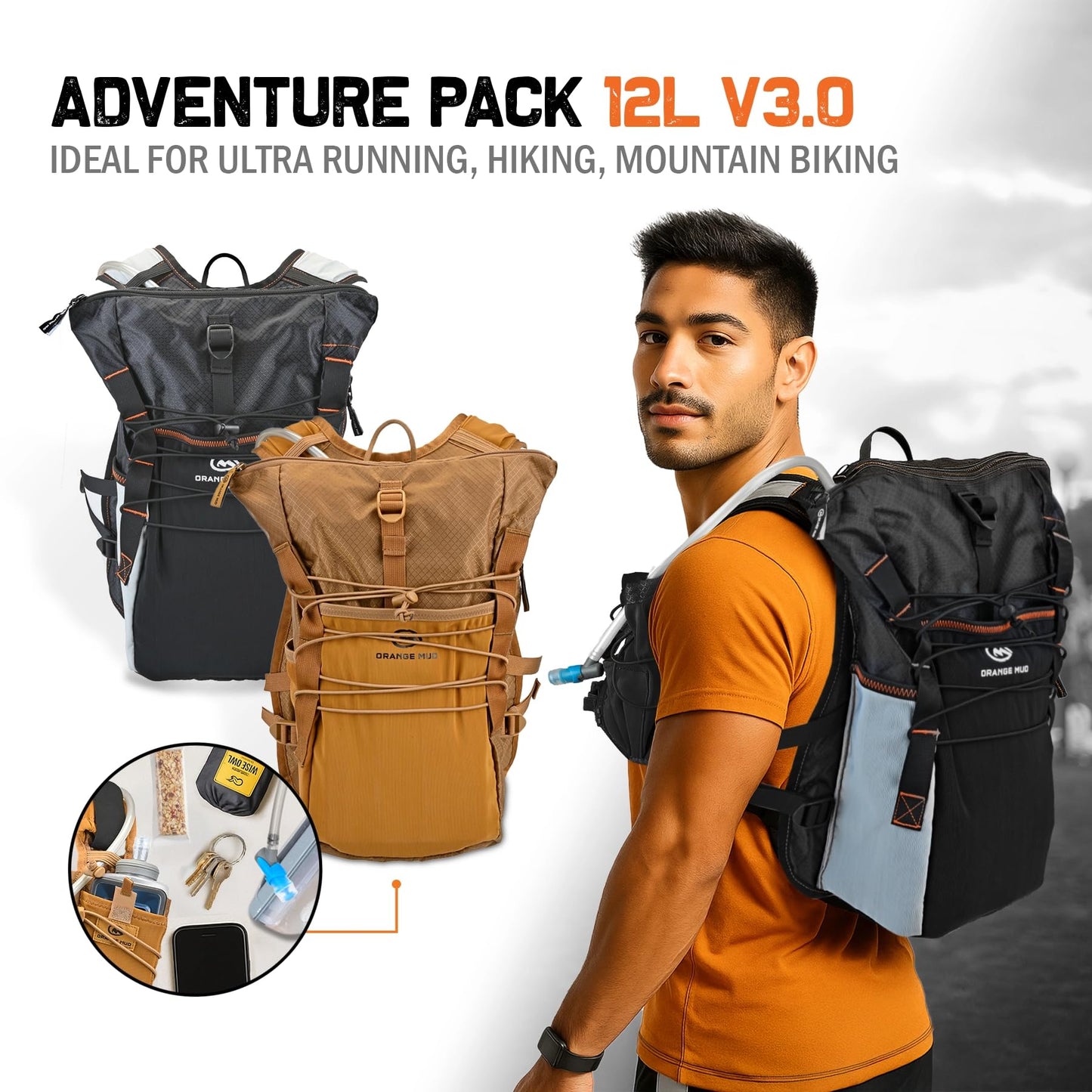 Orange Mud Adventure Pack 12 L 3.0 – Coyote Brown Hydration Backpack with Included 2 L Bladder – Trail Running, Hiking, MTB & Multi‑Sport Gear Pack