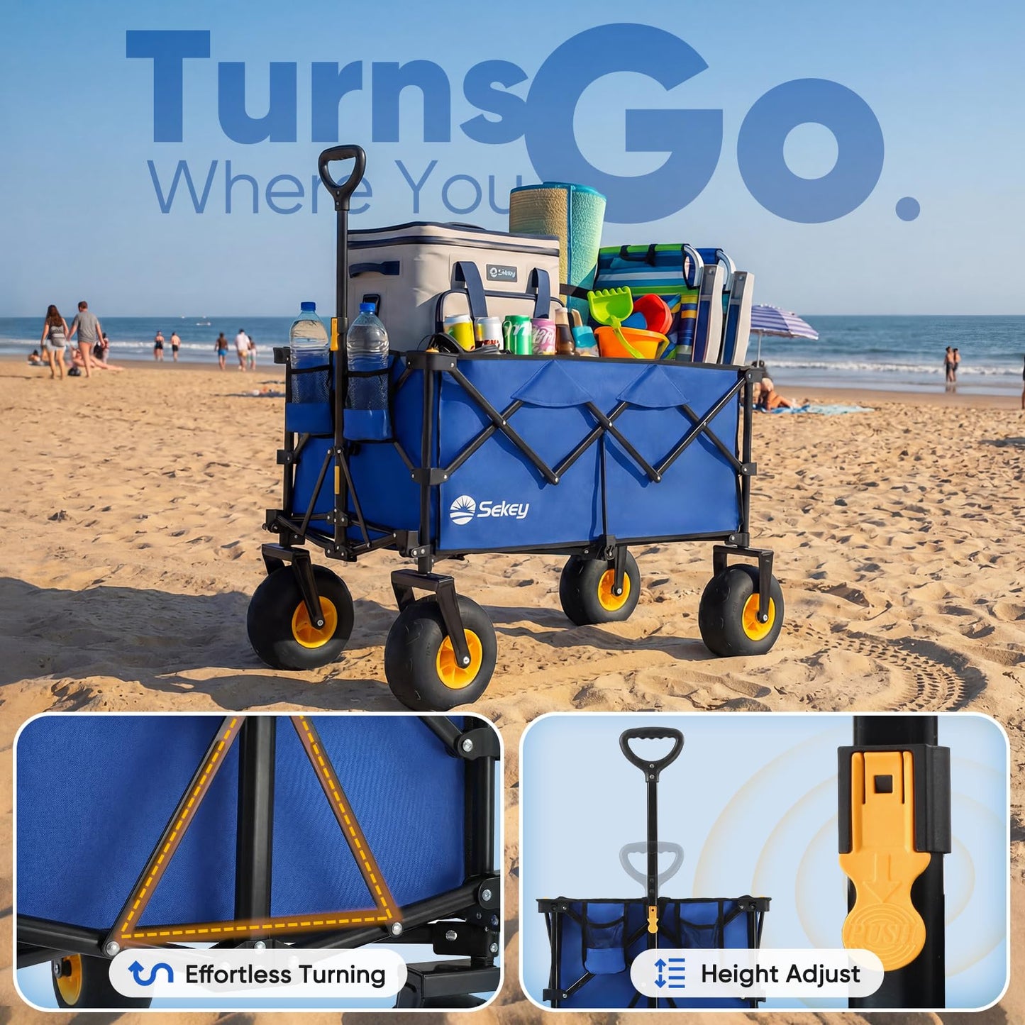 Sekey Heavy Duty Beach Wagon with 9" Big Sand-Proof Wheels – 600lb Capacity, 200L Oversized Foldable Cart | Adjustable Handle & All-Terrain Tires for Sand, Camping, Groceries