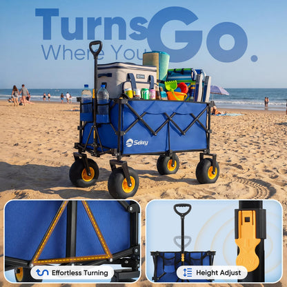 Sekey Heavy Duty Beach Wagon with 9" Big Sand-Proof Wheels – 600lb Capacity, 200L Oversized Foldable Cart | Adjustable Handle & All-Terrain Tires for Sand, Camping, Groceries