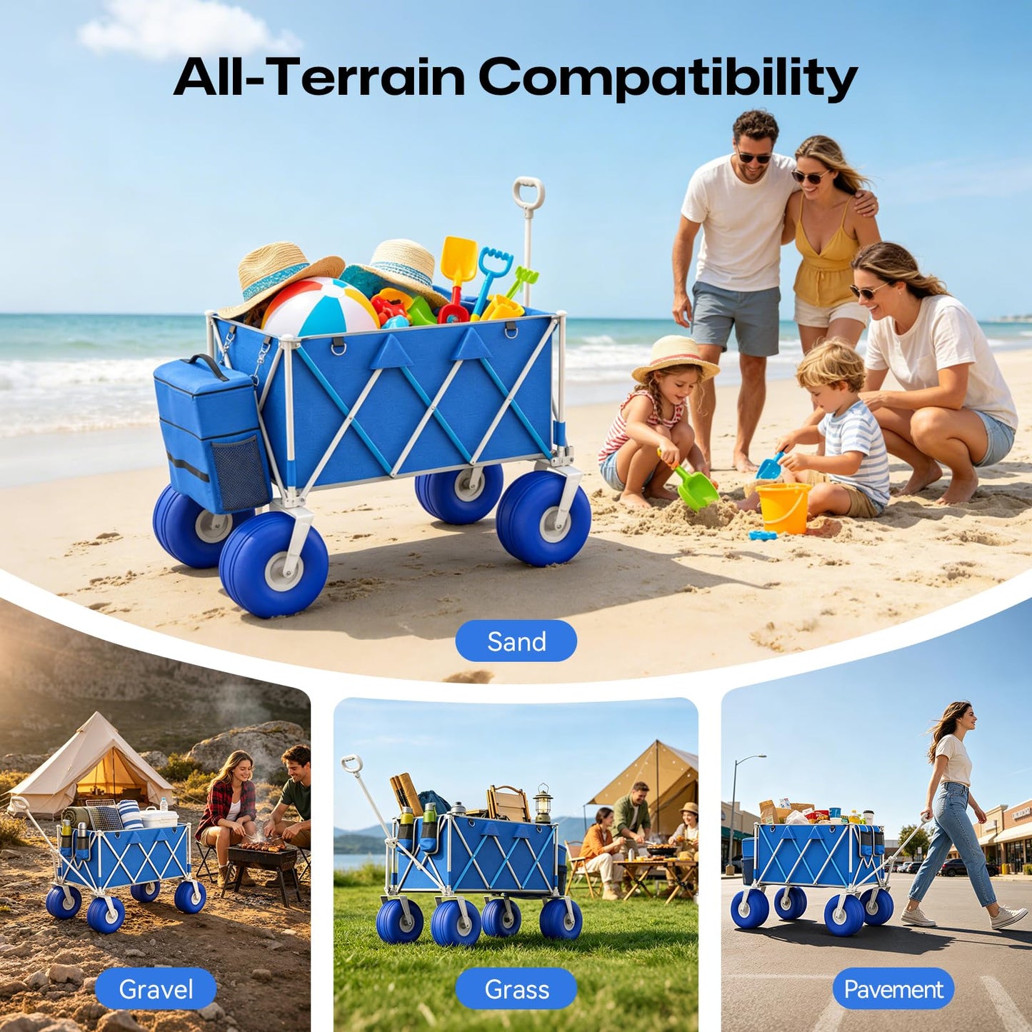 Premium 10.5" Balloon Wheels Beach Wagon - 450LBS Heavy Duty Sand Wagon, Foldable All Terrain Collapsible Utility Wagon with Removable Cooler Bag, Easy Roll for Soft Sand Family Camping - Blue